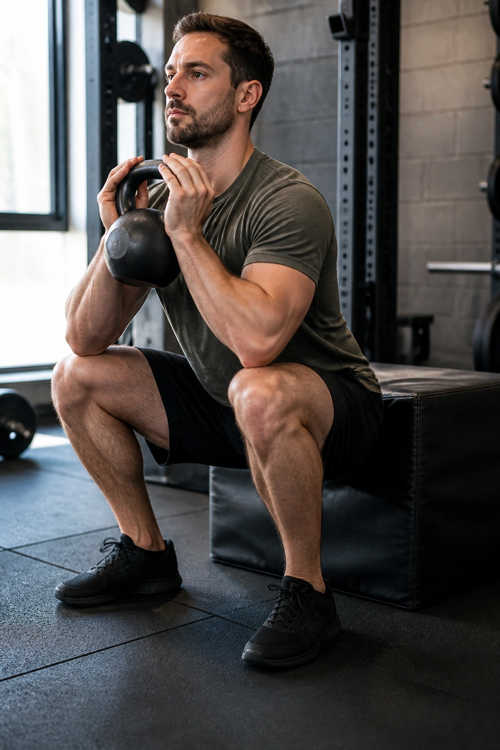 Person goblet squatting with a box behind as depth target