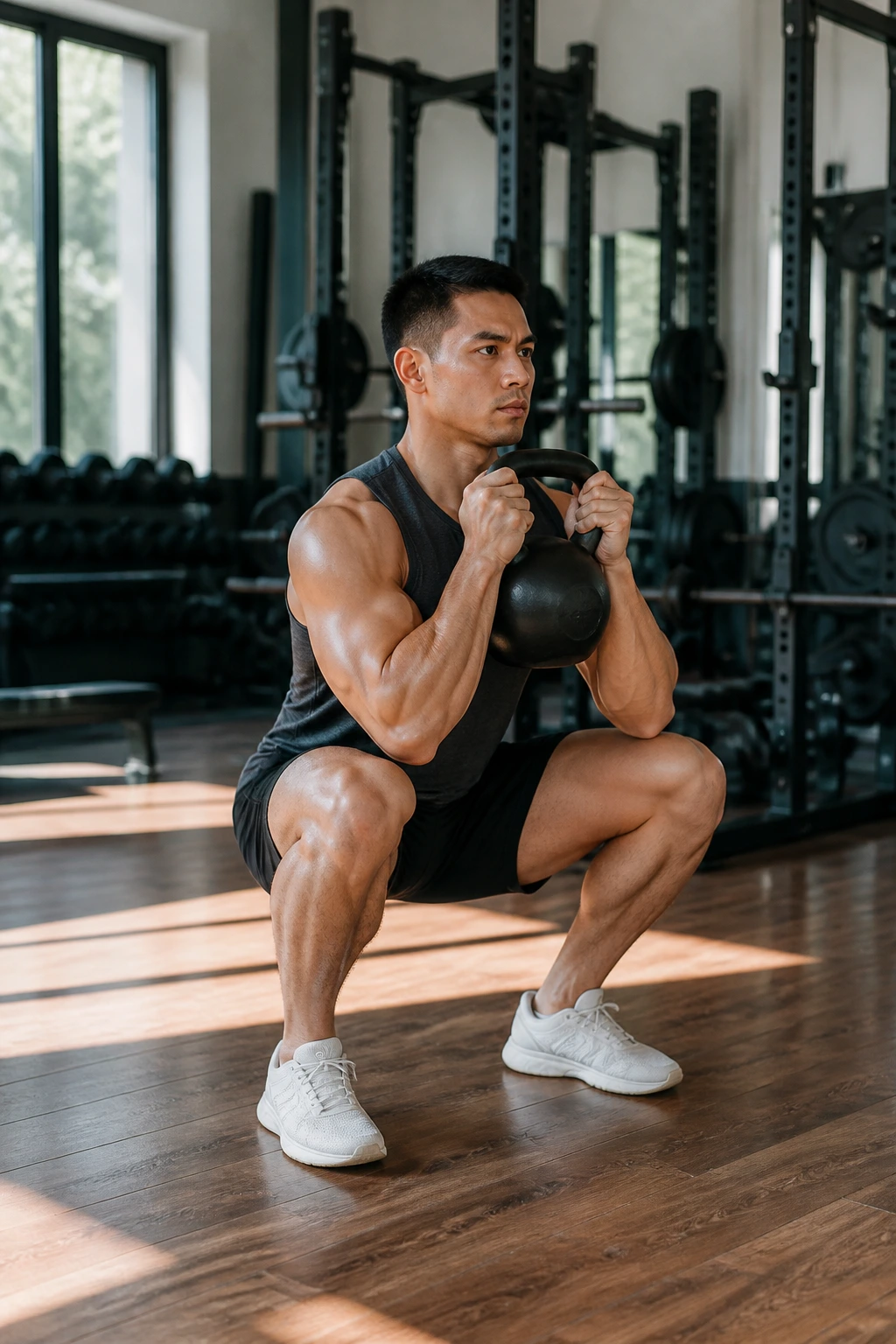 Person performing goblet squats with weight held at chest in a gym or home gym.
