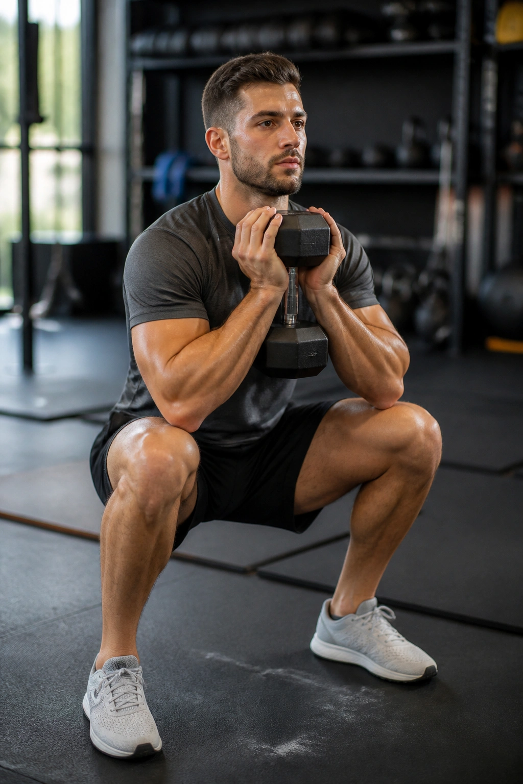 Close-up of a person performing goblet squat with dumbbell in a gym