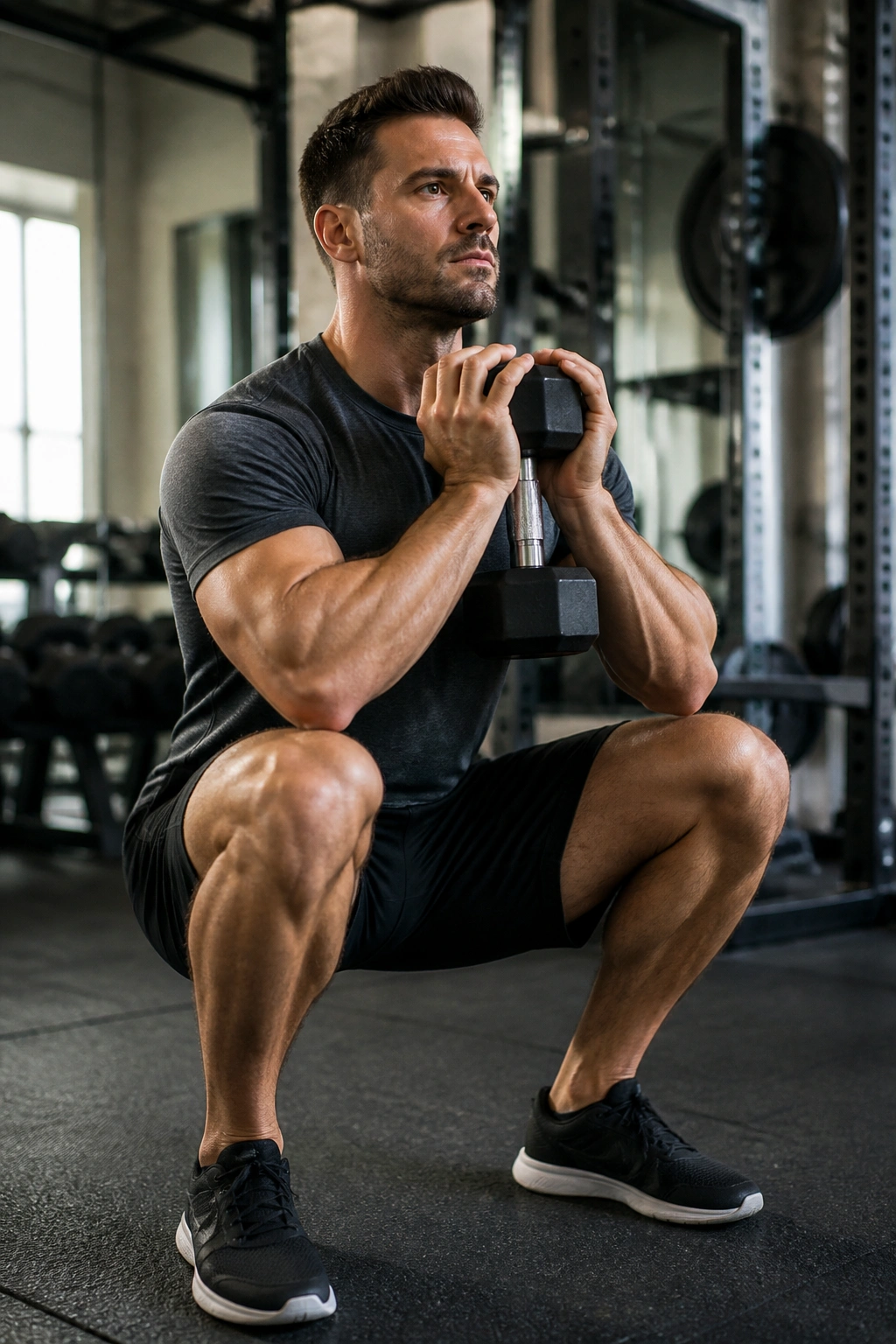 Close-up of goblet squat with dumbbell at chest height in a gym, showcasing upright torso and brace.
