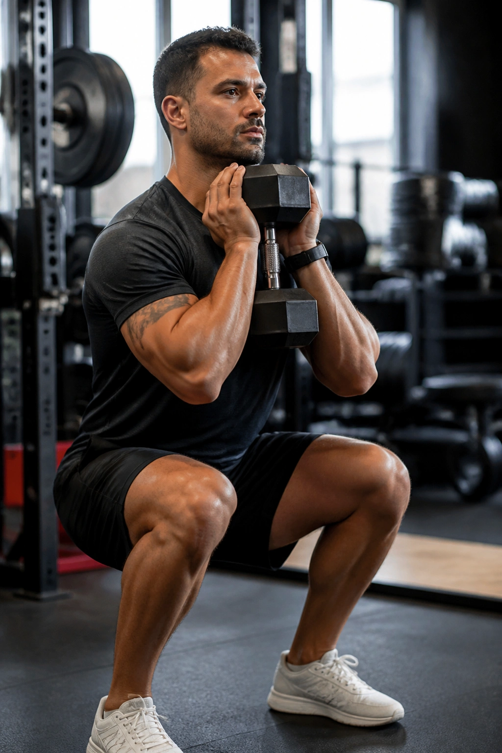 Real person performing goblet squat with dumbbell in gym