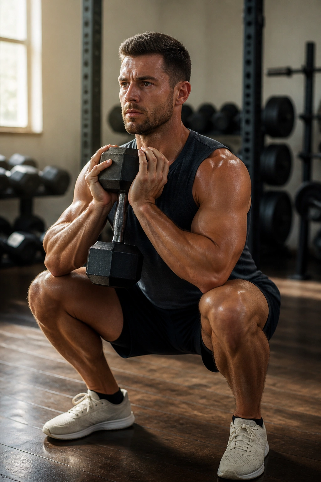Close-up of athlete performing goblet squat with dumbbell in gym