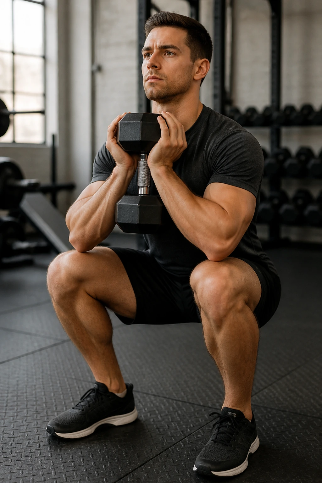 Close-up of a lifter performing a goblet squat with dumbbell held at chest height in a gym