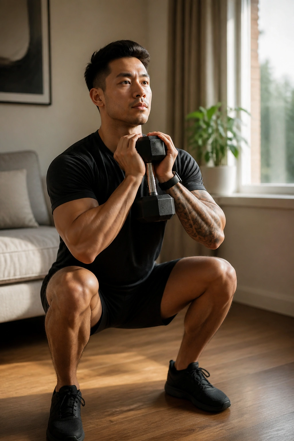 Person doing goblet squat in living room with dumbbell
