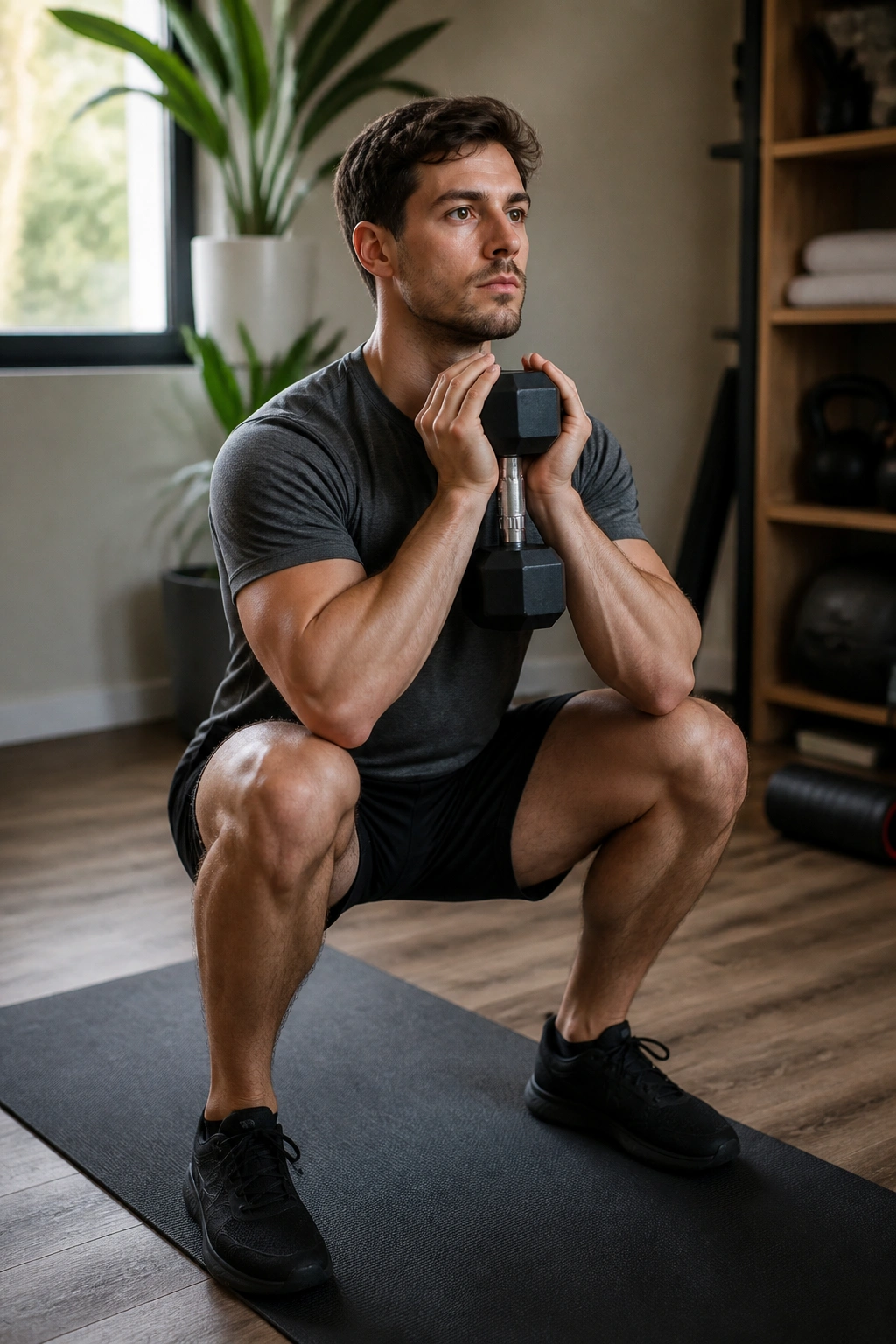 Real person performing goblet squat with dumbbell held at chest in a home setting