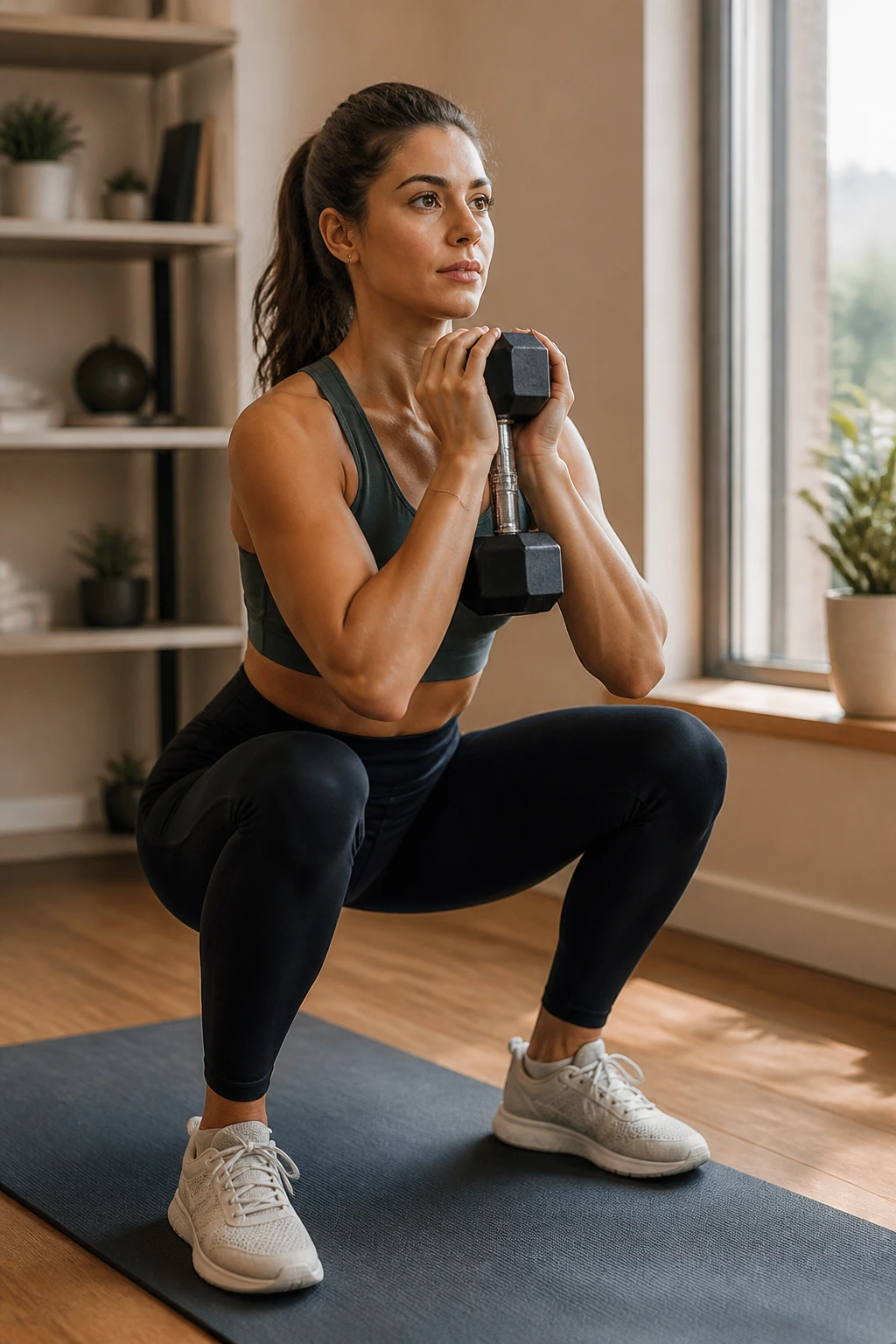 Close-up of a person performing goblet squat with a dumbbell at chest height in a home gym setting.