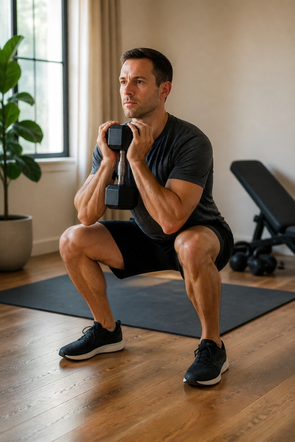 Medium-close portrait of a person performing goblet squat in a home gym