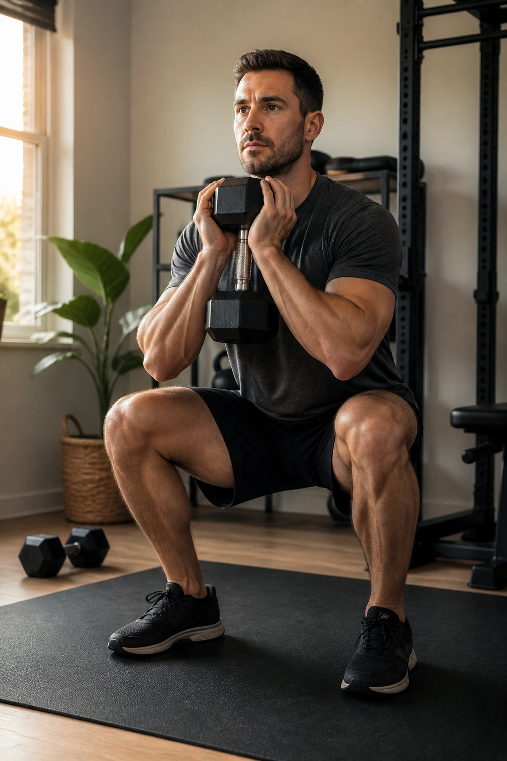 Person doing goblet squat in a home gym for a 20-minute strength reset