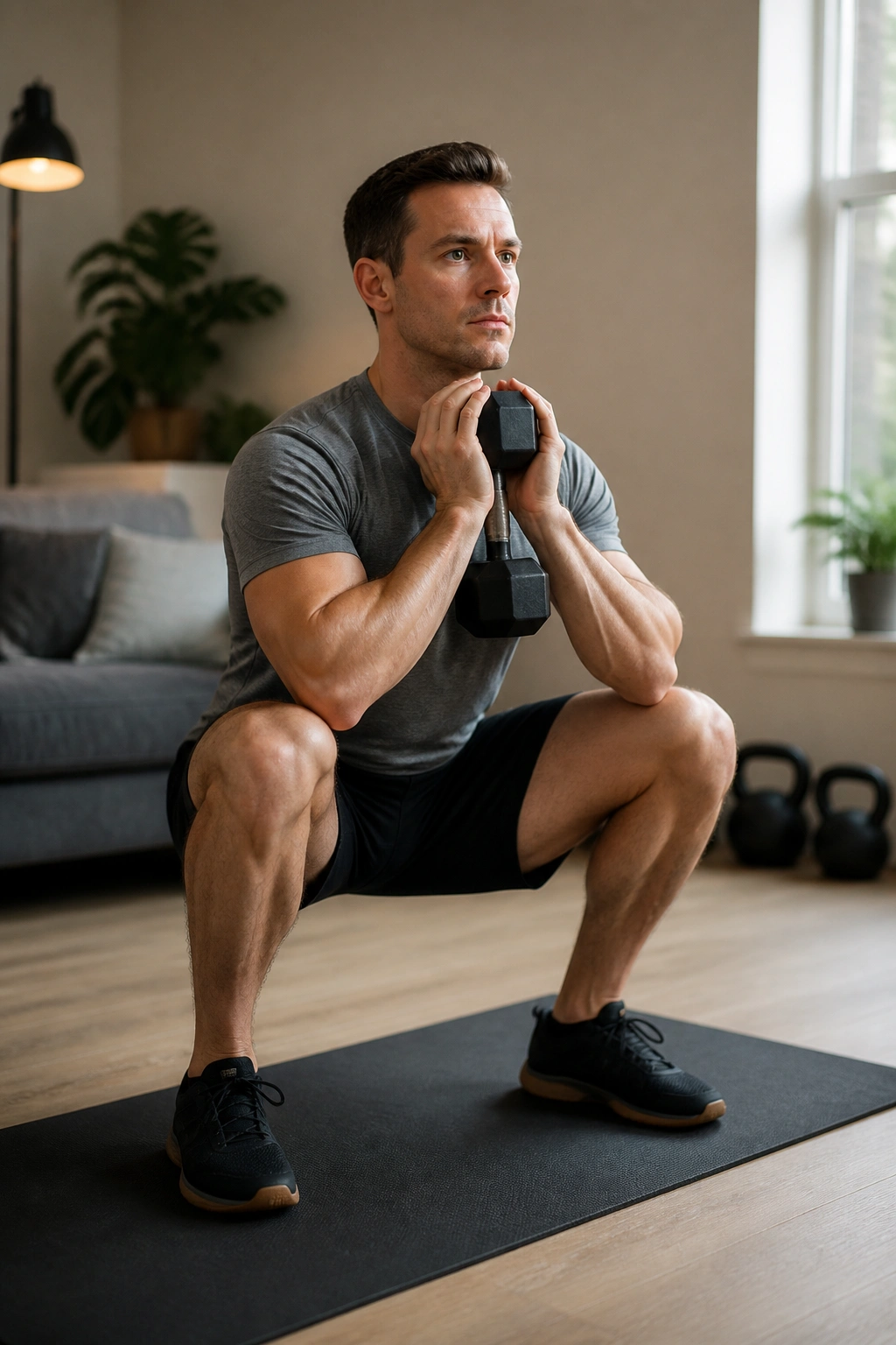 Mid-shot of person doing goblet squat with one dumbbell in a home setting.