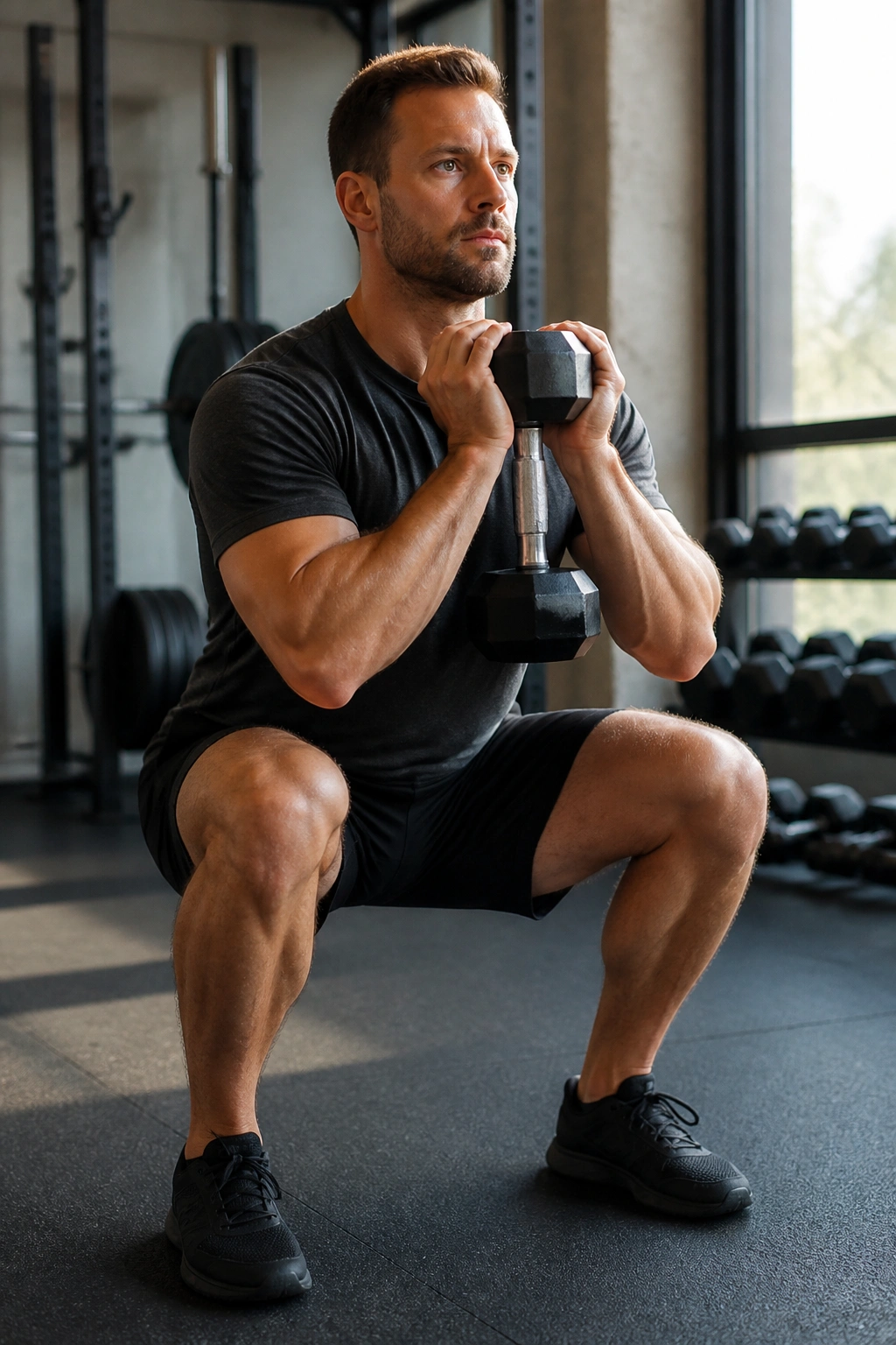 Medium-close portrait of a person performing goblet squat with dumbbell at chest in a gym