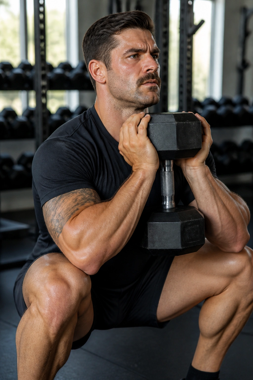 Close-up of lifter performing heavy goblet squat with dumbbell in gym