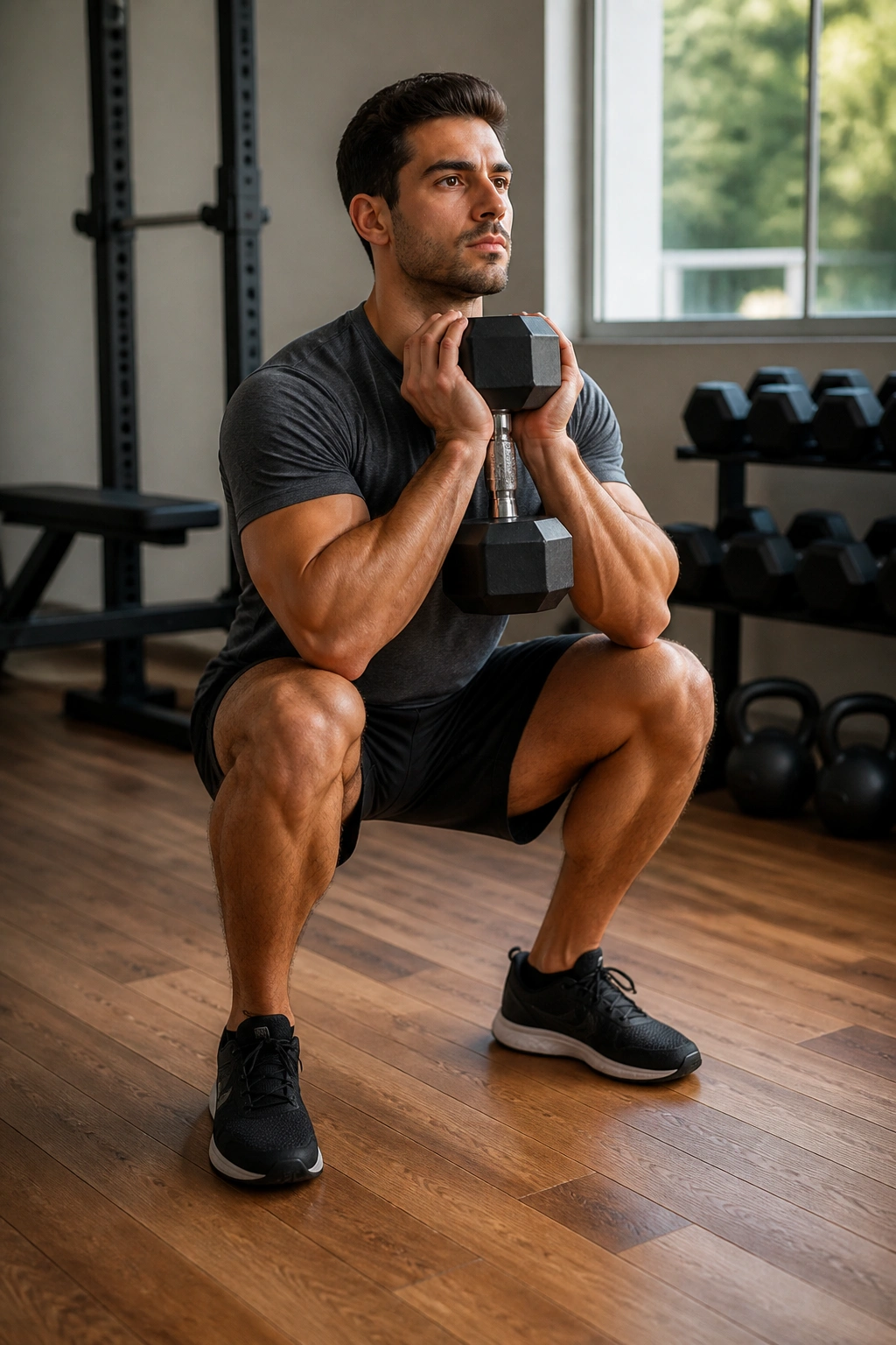 Person doing goblet squats with a heavy dumbbell