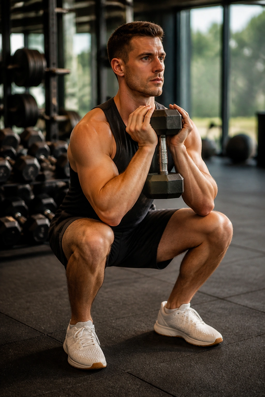 Close-up of a person performing a goblet squat with a dumbbell held at the chest in a gym