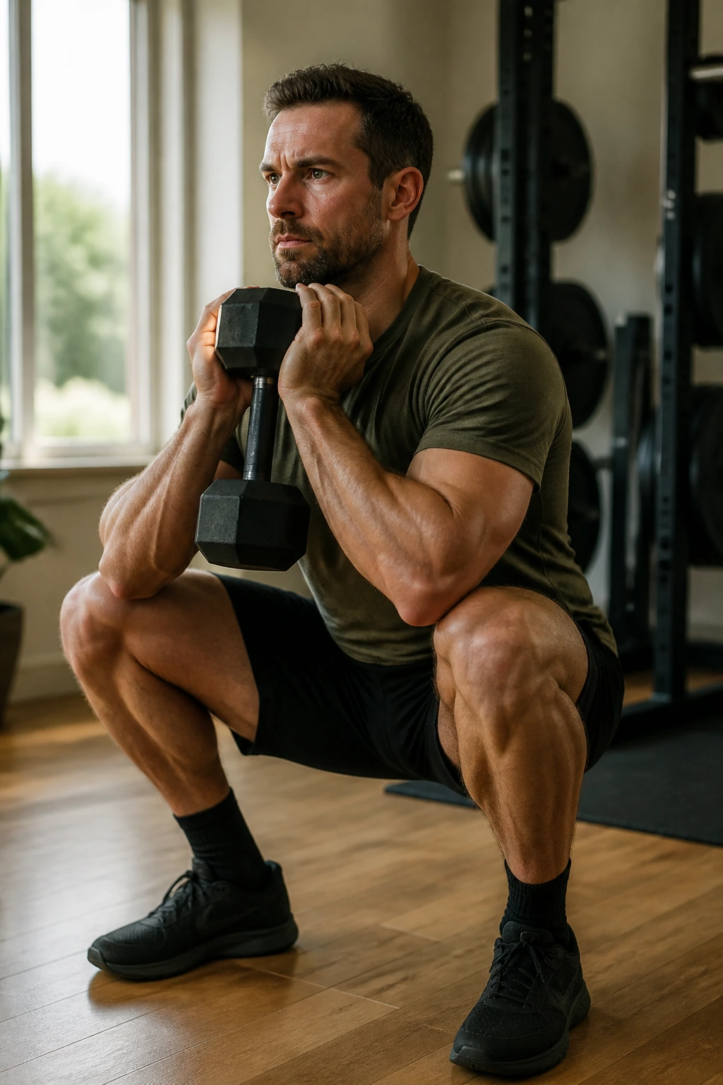 Close-up of a person performing goblet squat in a gym setting