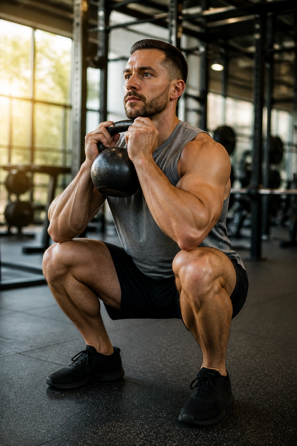 Close-up of a person performing goblet squats with weight at chest in a gym