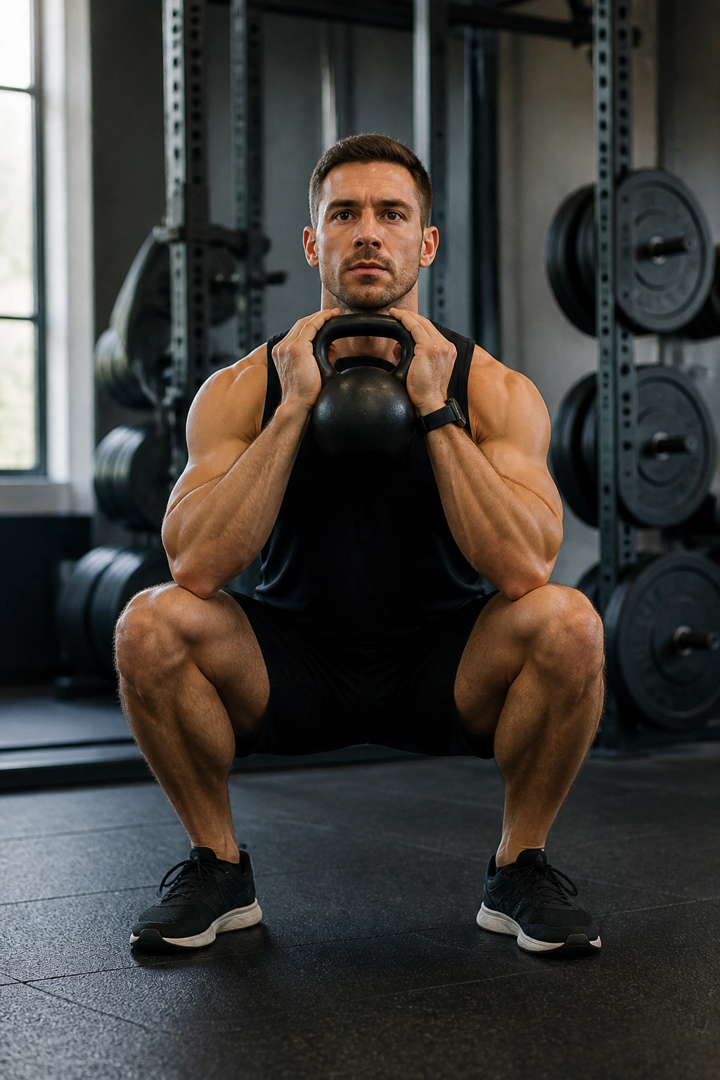 Lifter in goblet squat holding kettlebell at chest in gym