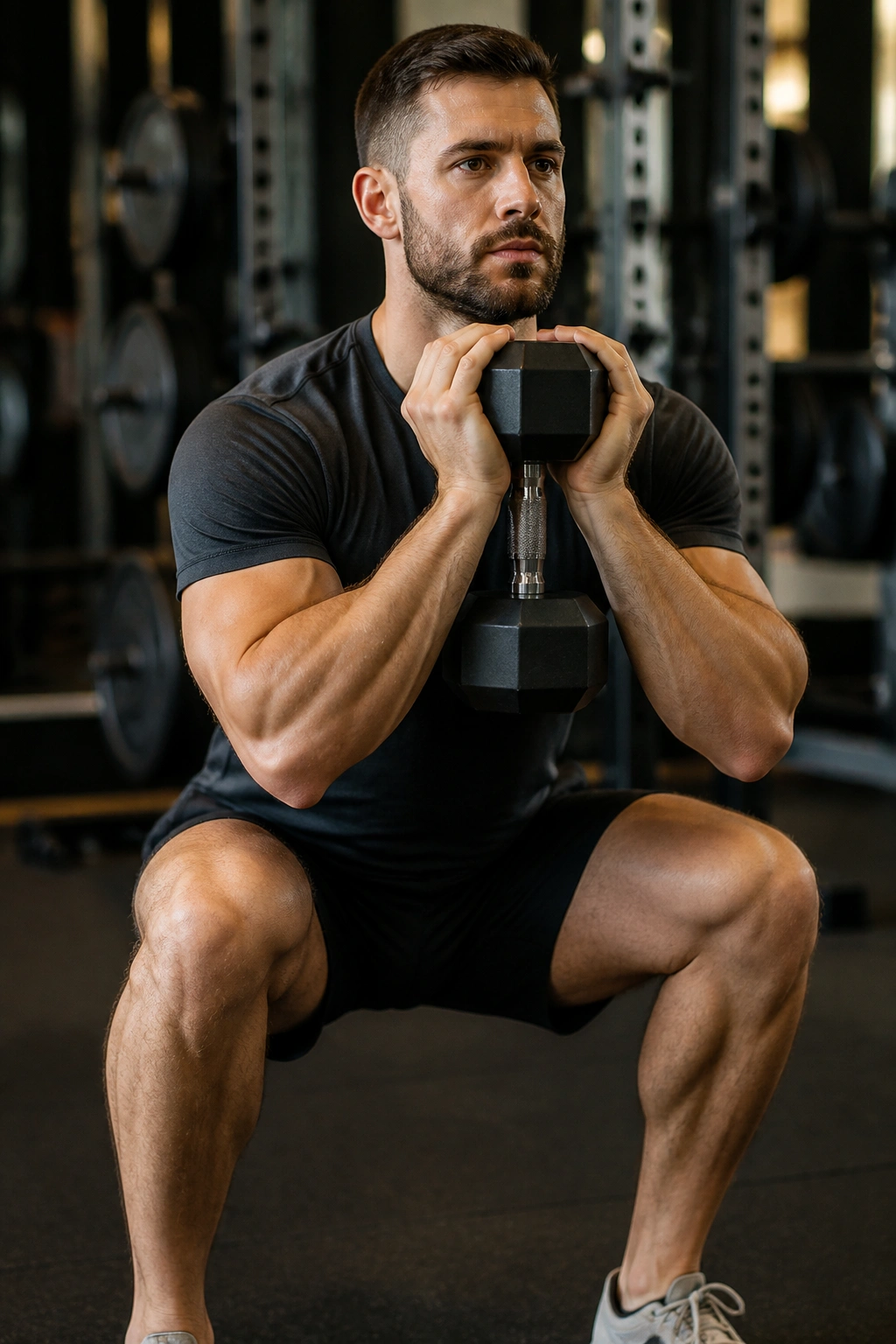 Close-up of a person performing goblet squats with a dumbbell at chest height in a gym.