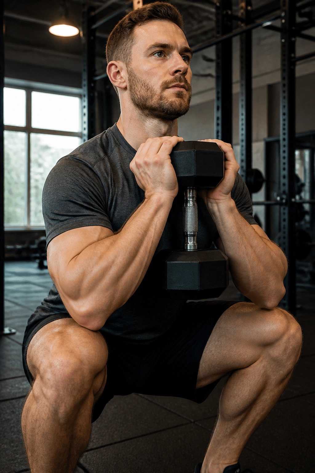 Torso and arms holding goblet squat weight at chest height