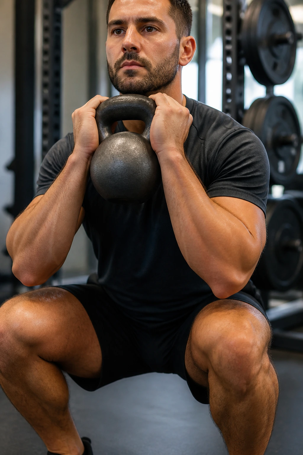 Close-up of a person performing goblet squats in a gym, weight held at chest and elbows tucked.