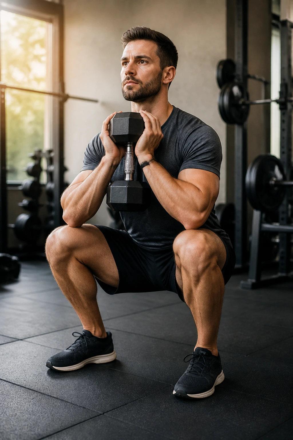 Close-up of lifter performing goblet squat with dumbbell at chest in gym