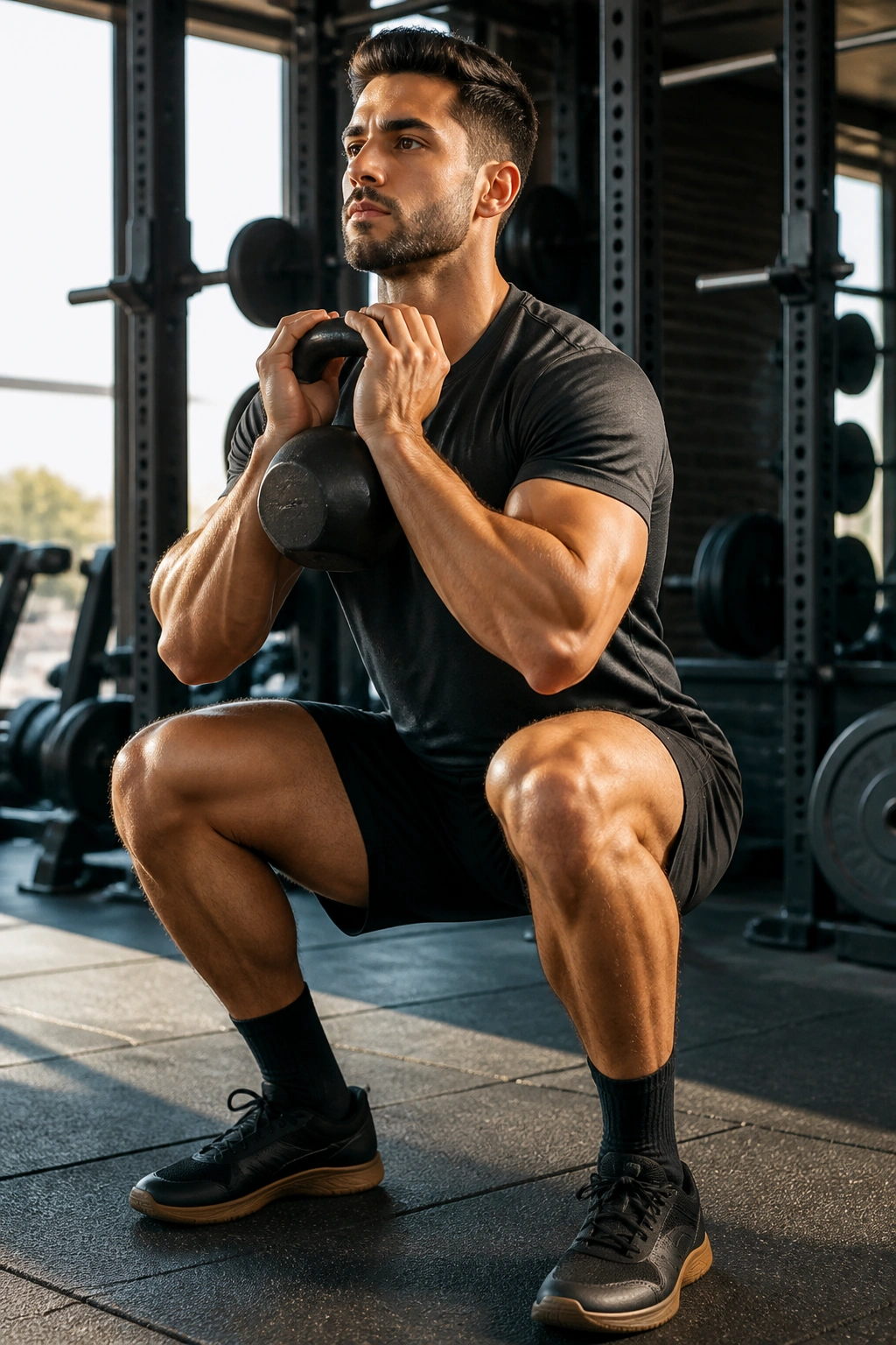 Goblet squat in gym: person holding kettlebell at chest height while squatting
