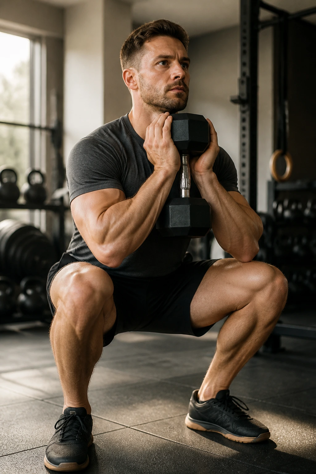 Medium close-up of a man goblet-squatting in a gym