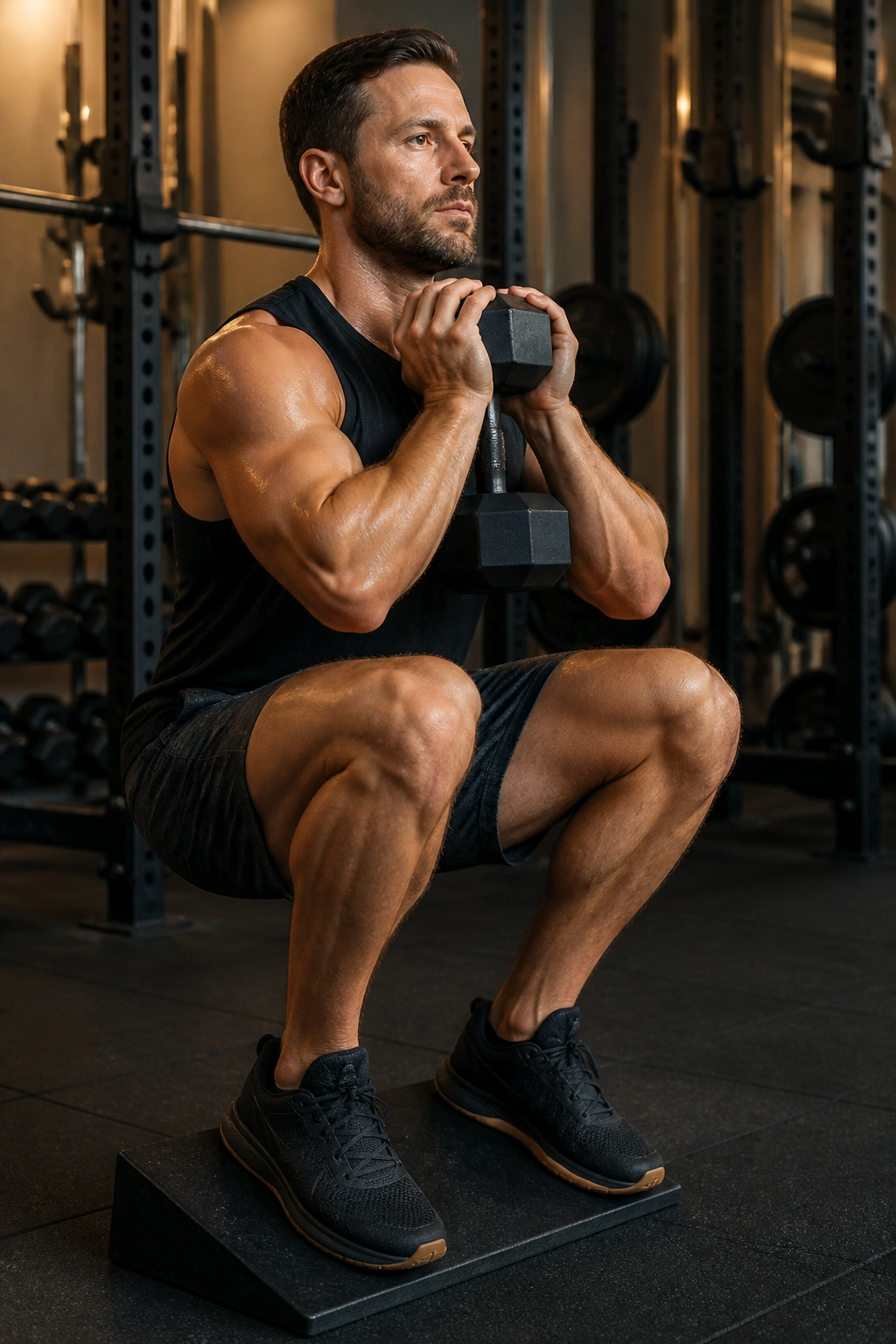 Close-up of heel-elevated goblet squat with dumbbell at chest.