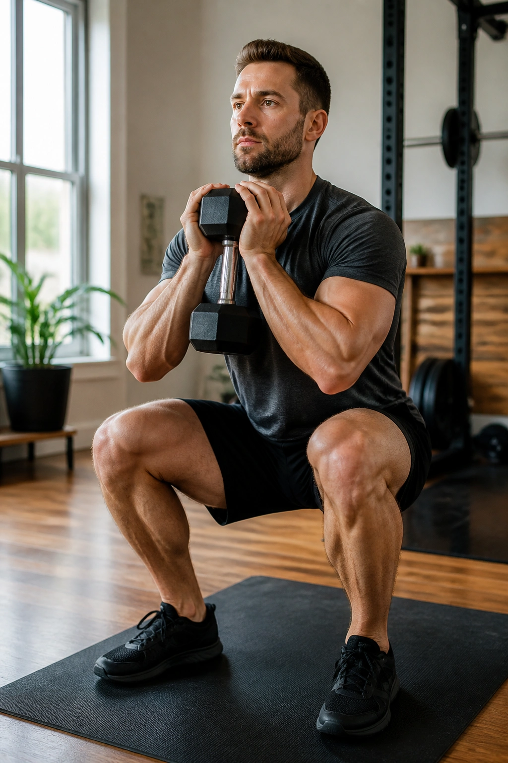 Close-up of a person performing Goblet Squat with a dumbbell against the chest in a home gym.