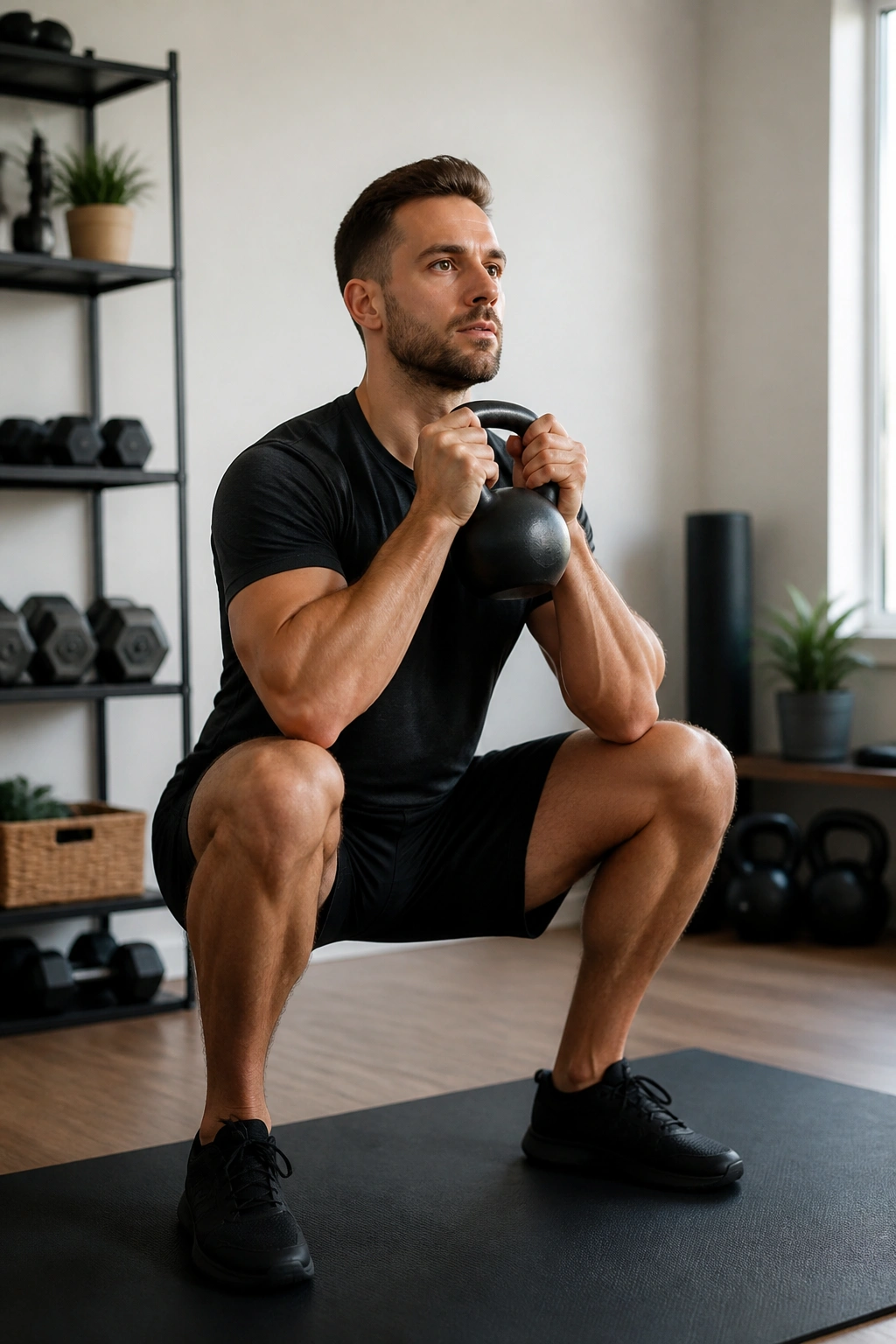 Person in goblet squat with kettlebell at chest in home gym