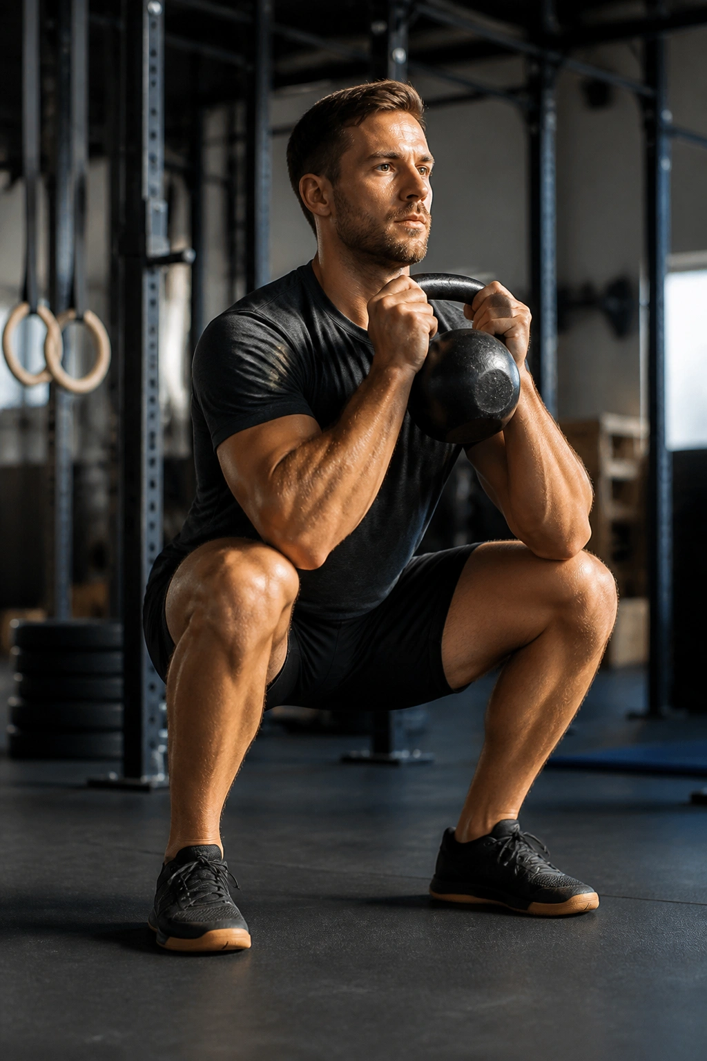 Athlete performing goblet squat as part of weekend benchmark circuit