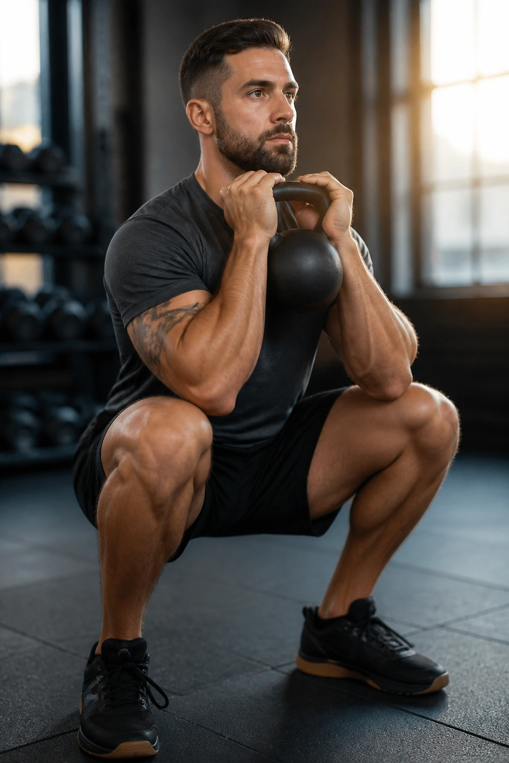 Close-up of a person doing goblet squat with kettlebell at chest