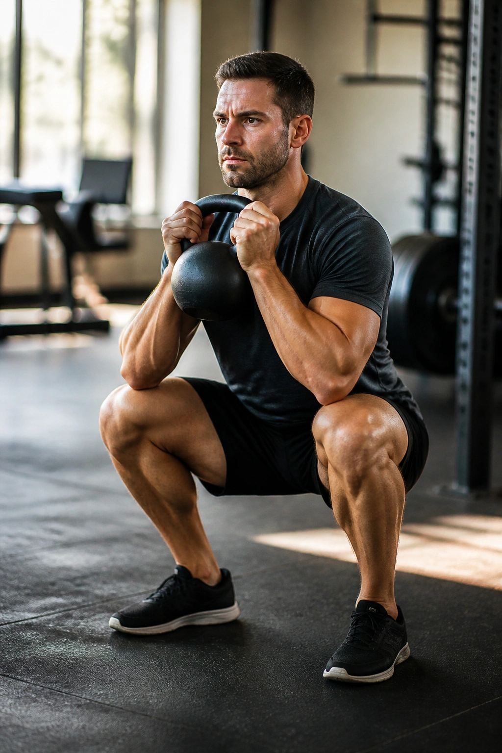 Person performing goblet squat with kettlebell in gym