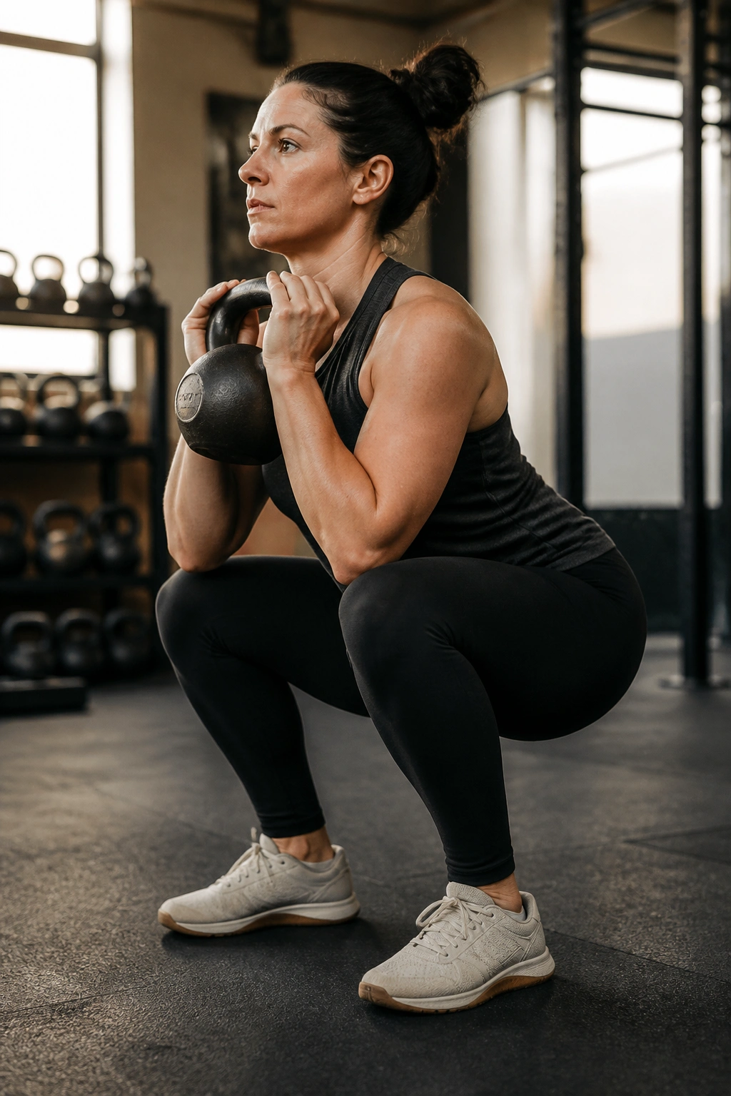 Close-up of a person performing goblet squat starter with kettlebell at chest in gym