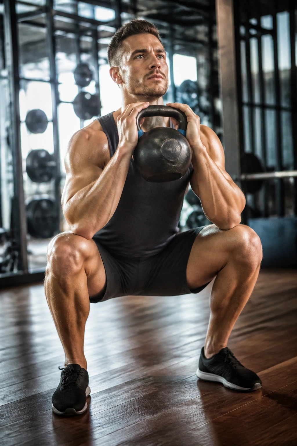 Lifter performing goblet squat with kettlebell at chest height in gym