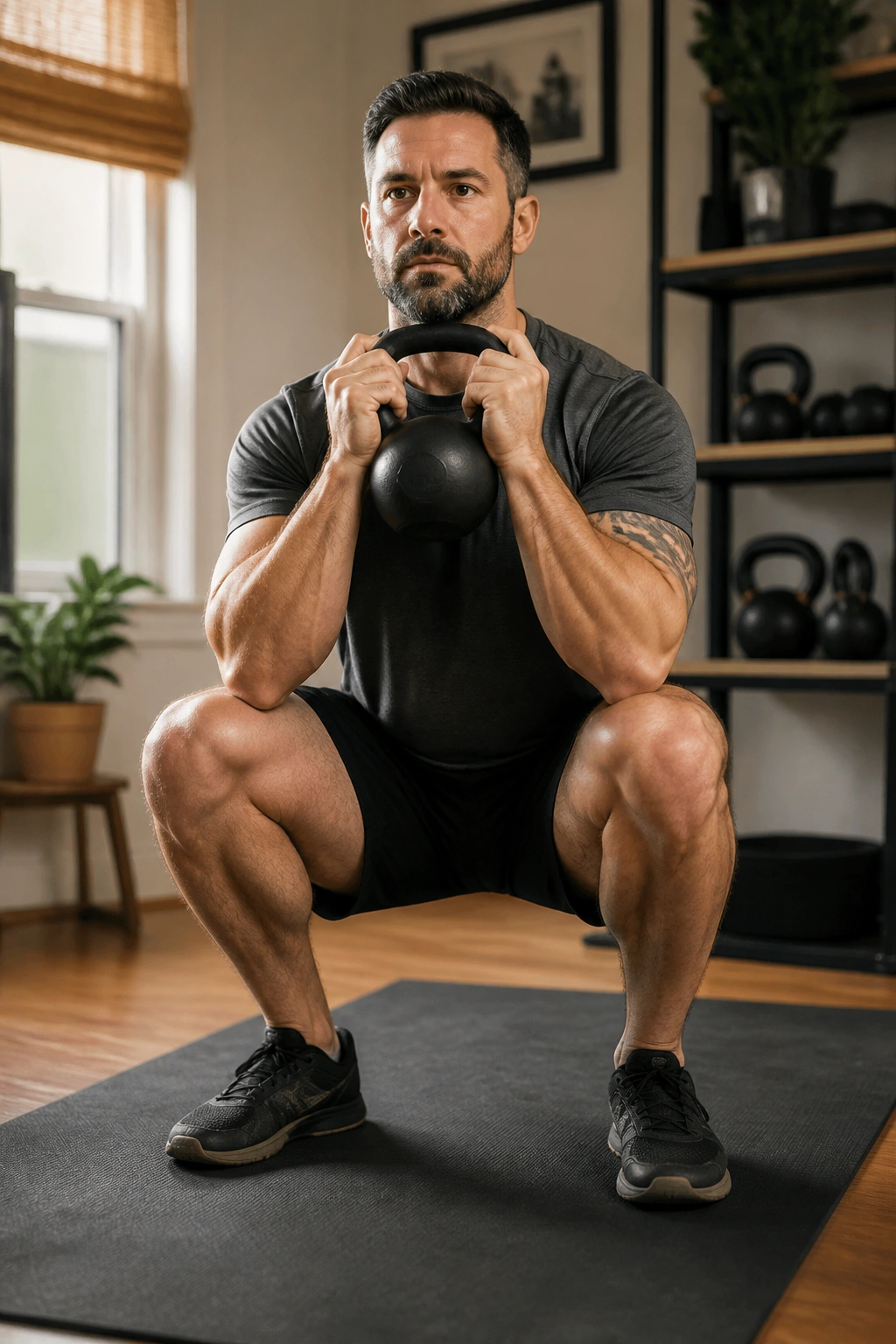 Person performing goblet squat with kettlebell in a home gym