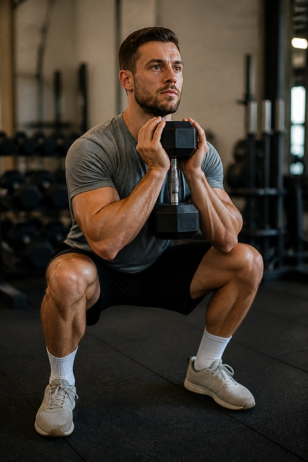 Medium close-up of a person doing goblet squat in gym