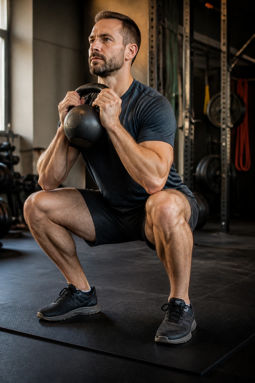 Real person performing goblet squat with kettlebell at chest