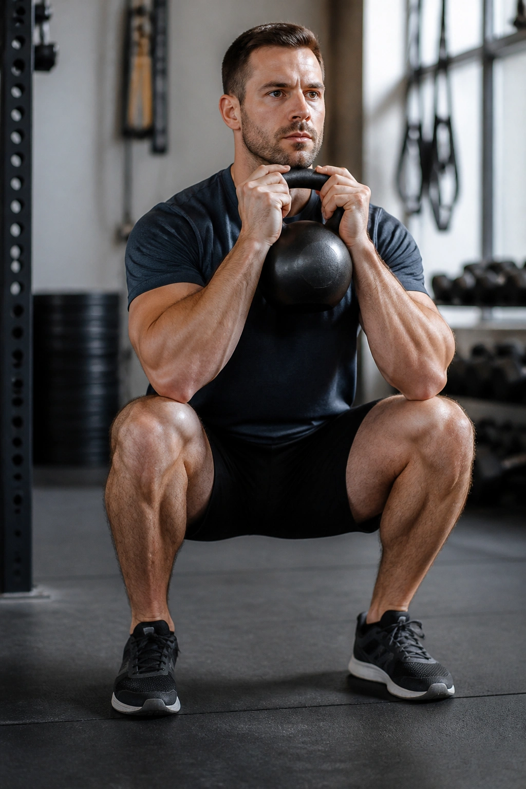 Close-up of a person performing goblet squat with pause, kettlebell held at chest.