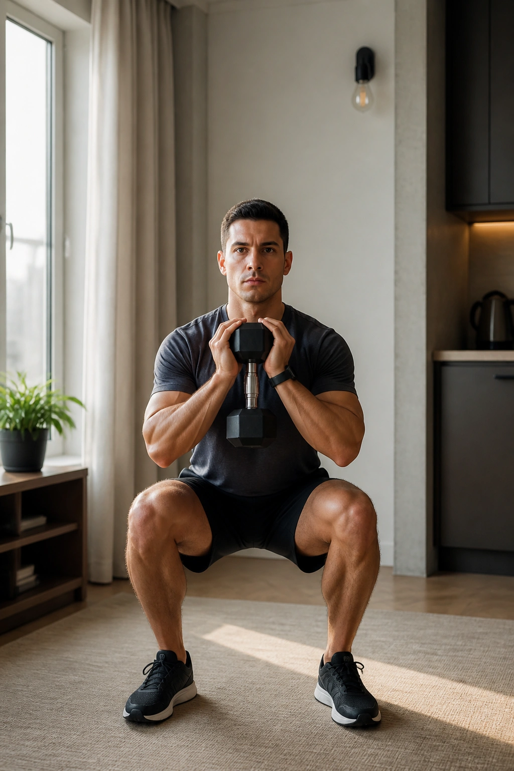 Person in goblet squat with dumbbell held at chest in a compact home space