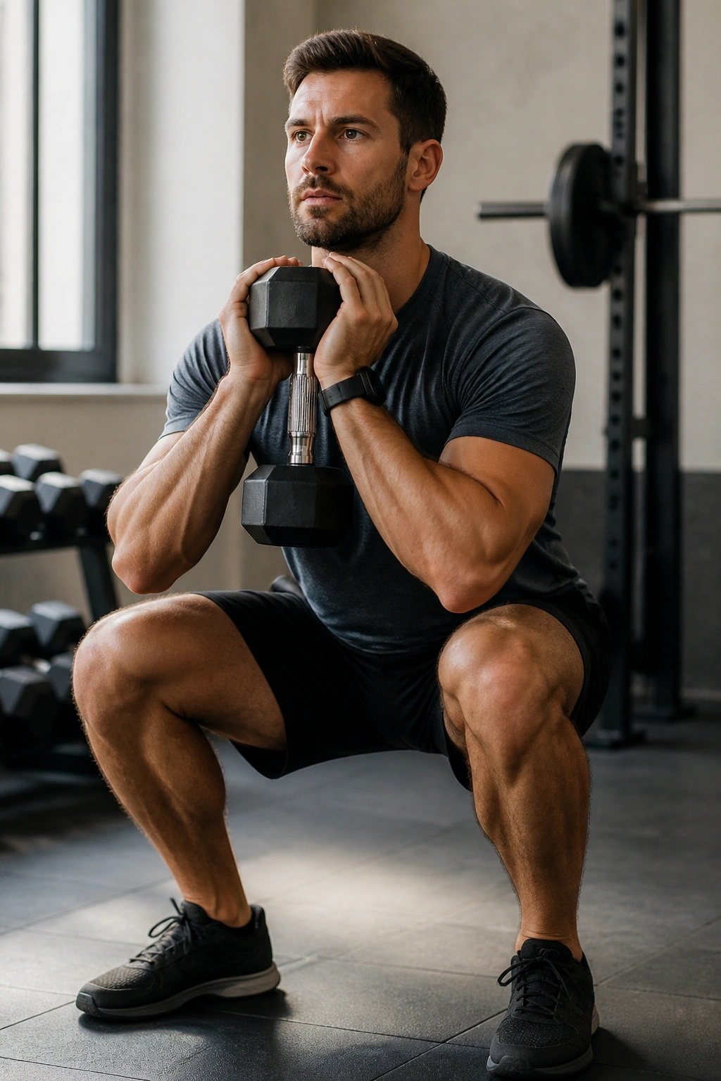 Lifter performing goblet squat in gym as part of a quick full-body workout