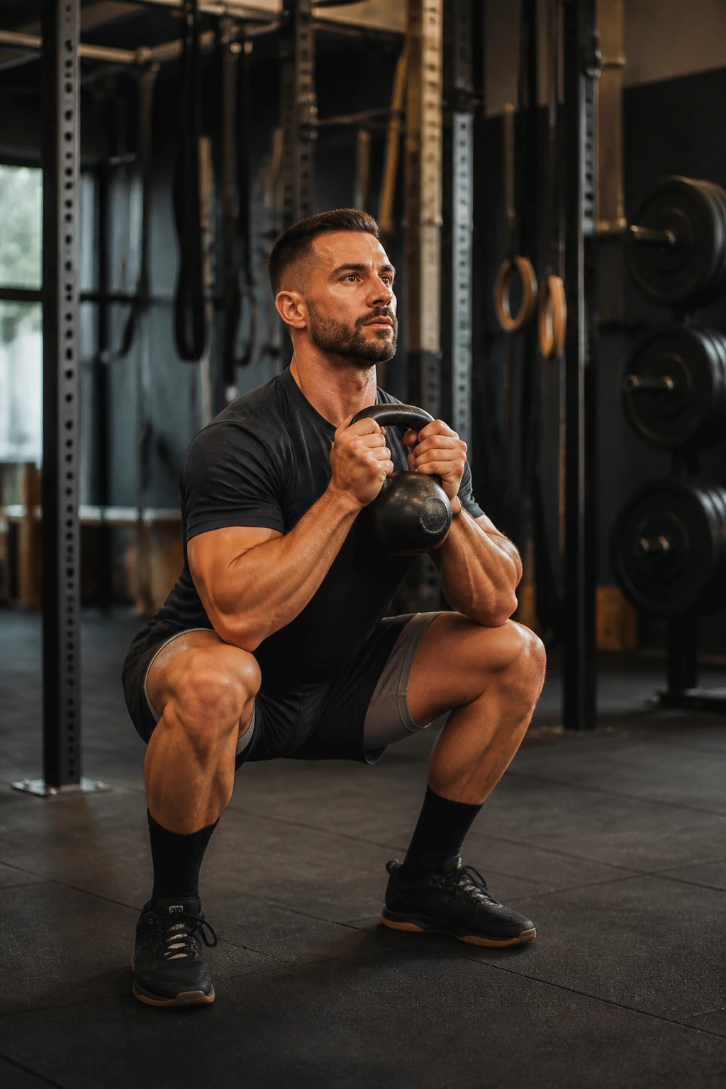 Person performing goblet squat with kettlebell in gym