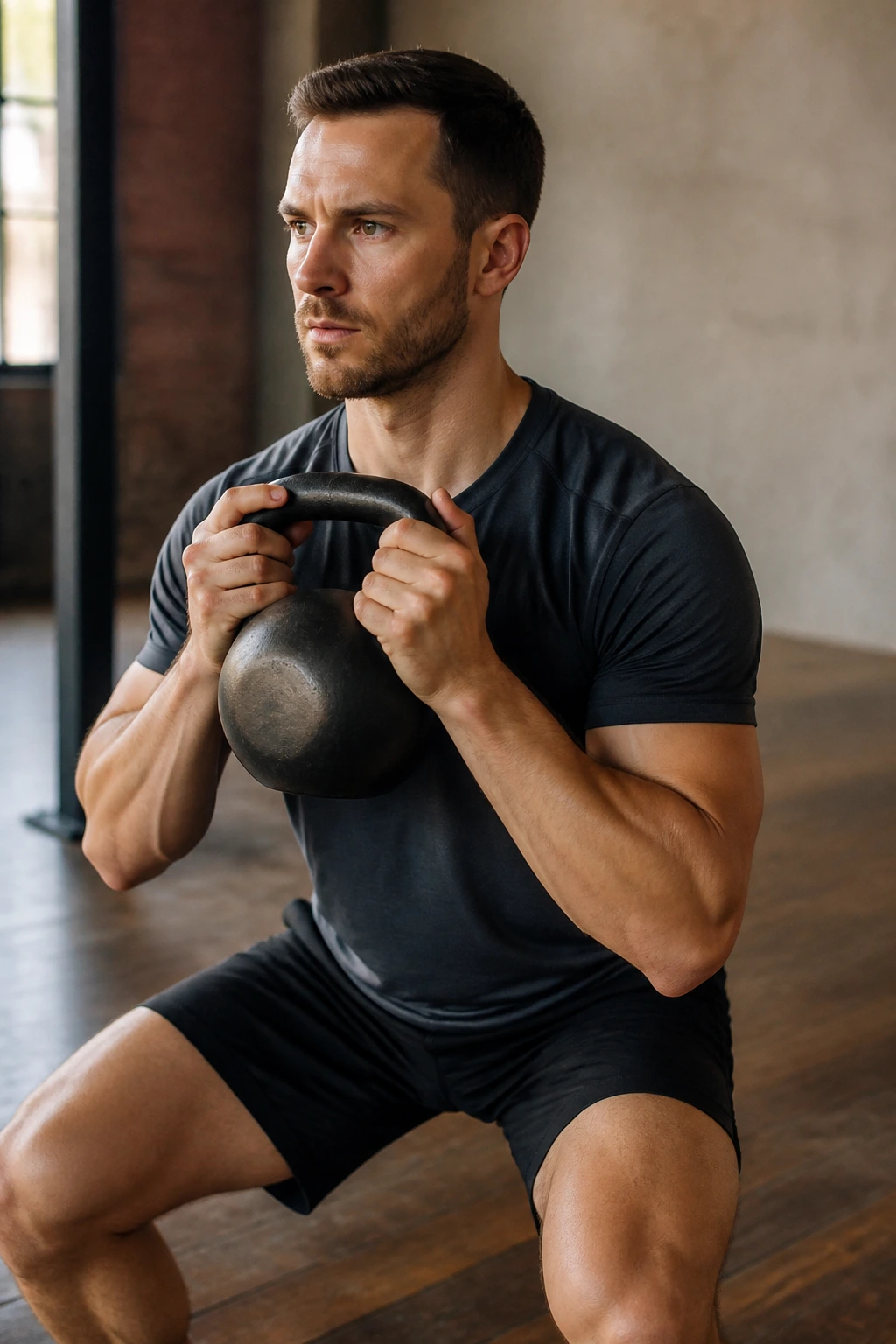 Athlete performing goblet squat with kettlebell in chest position in gym