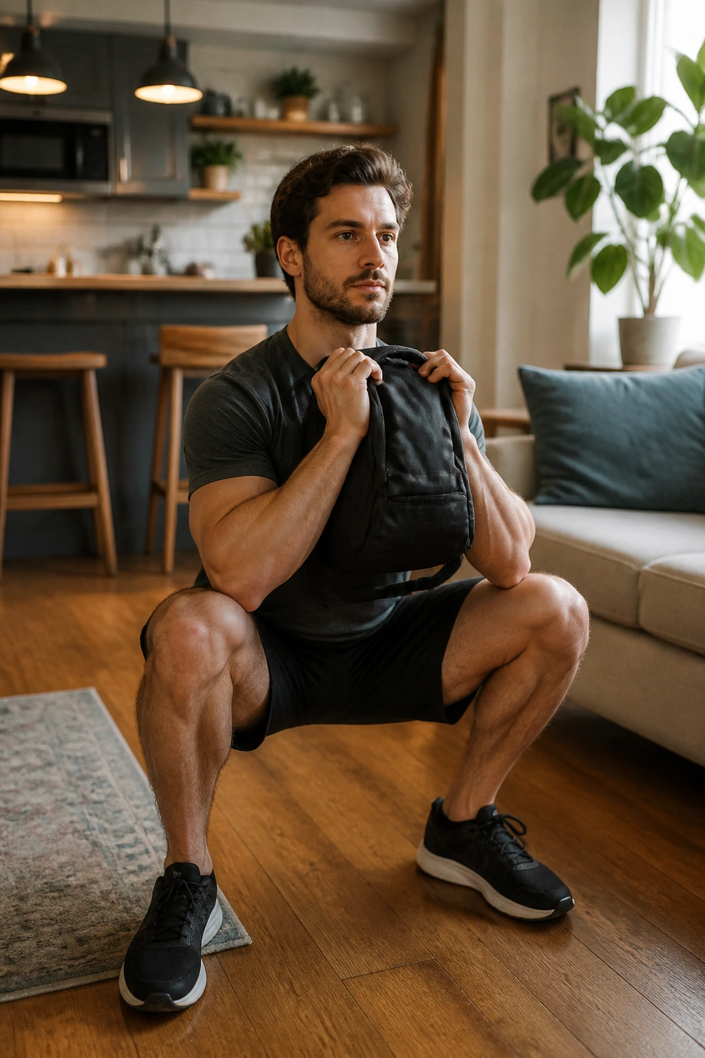 Mid-torso view of a person performing goblet squats with a backpack at home