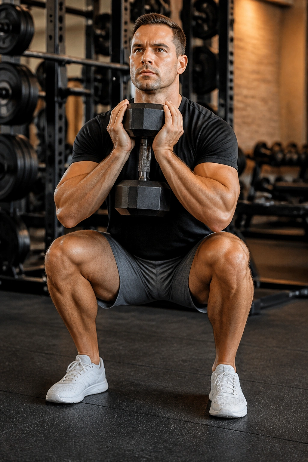 Close-up of a person performing goblet squats with a dumbbell against the chest in a gym.
