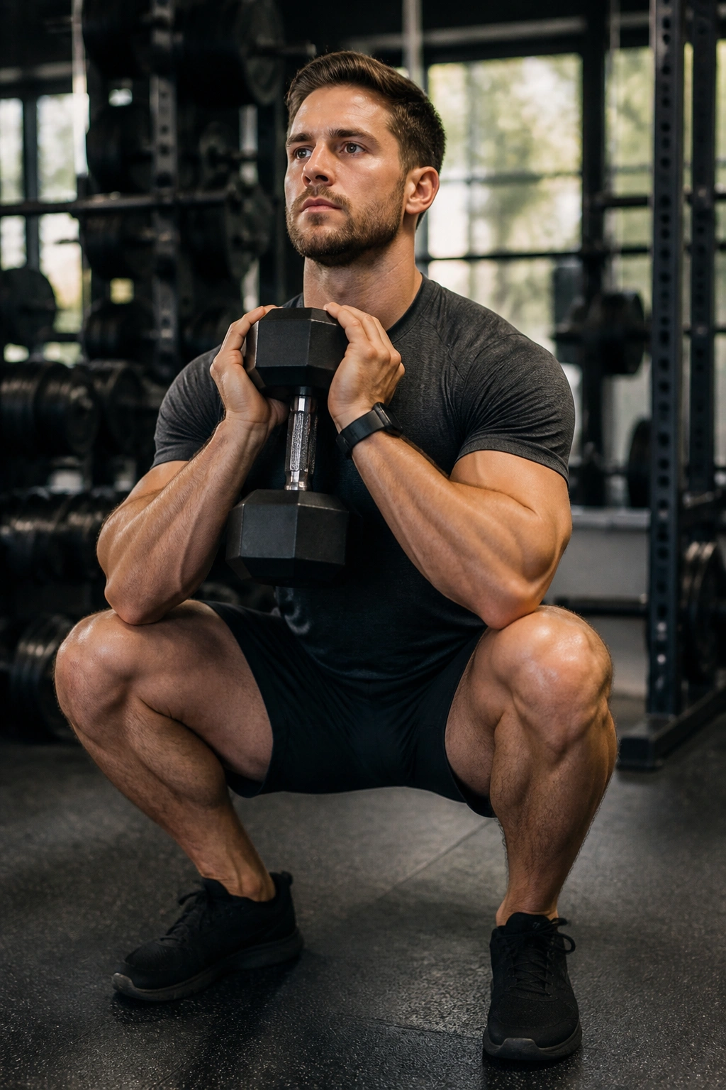 Close-up of a real athlete performing goblet squats with a dumbbell at chest in a gym