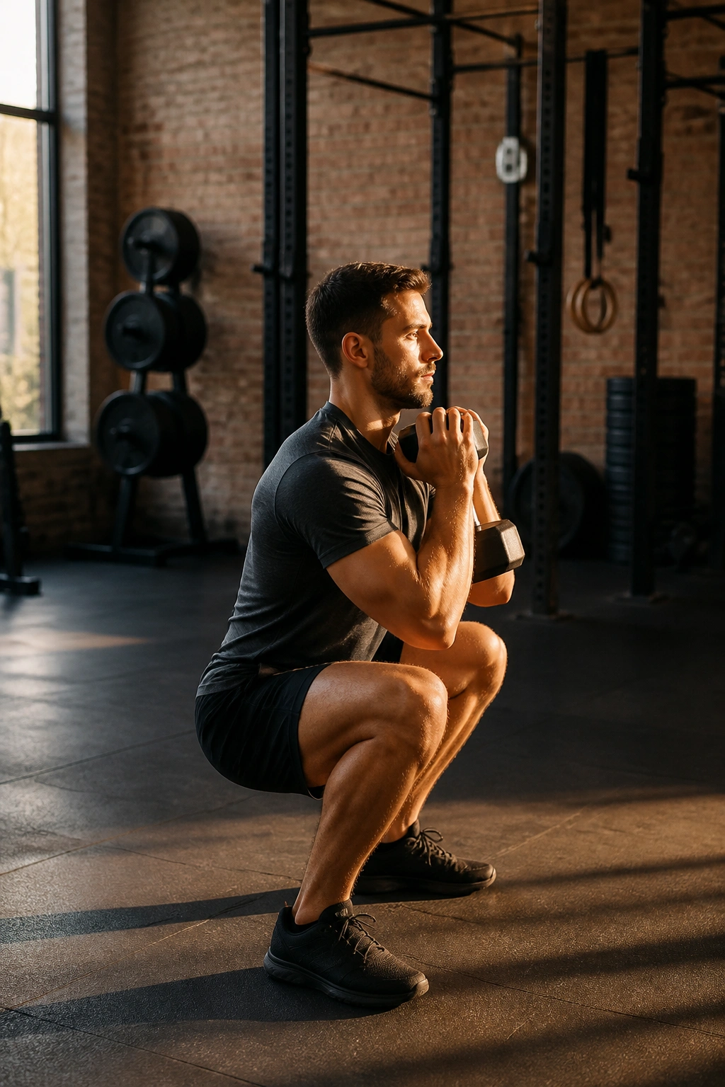 Person performing goblet squats in a gym for endurance and high reps