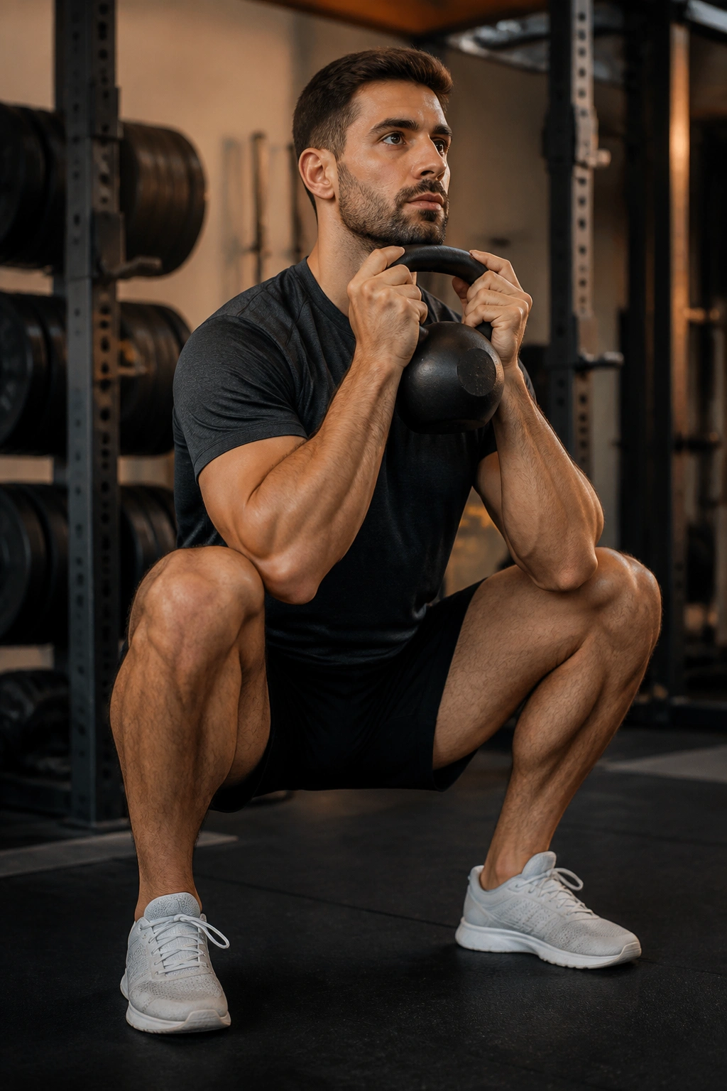 Lifter performing goblet squat with kettlebell at chest in gym
