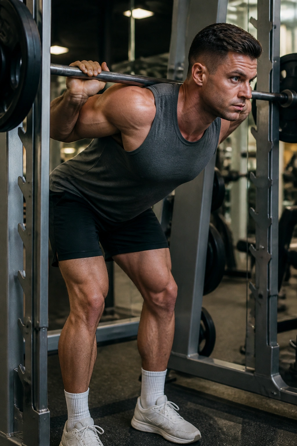Lifter performing Smith Machine Good Morning with controlled hinge