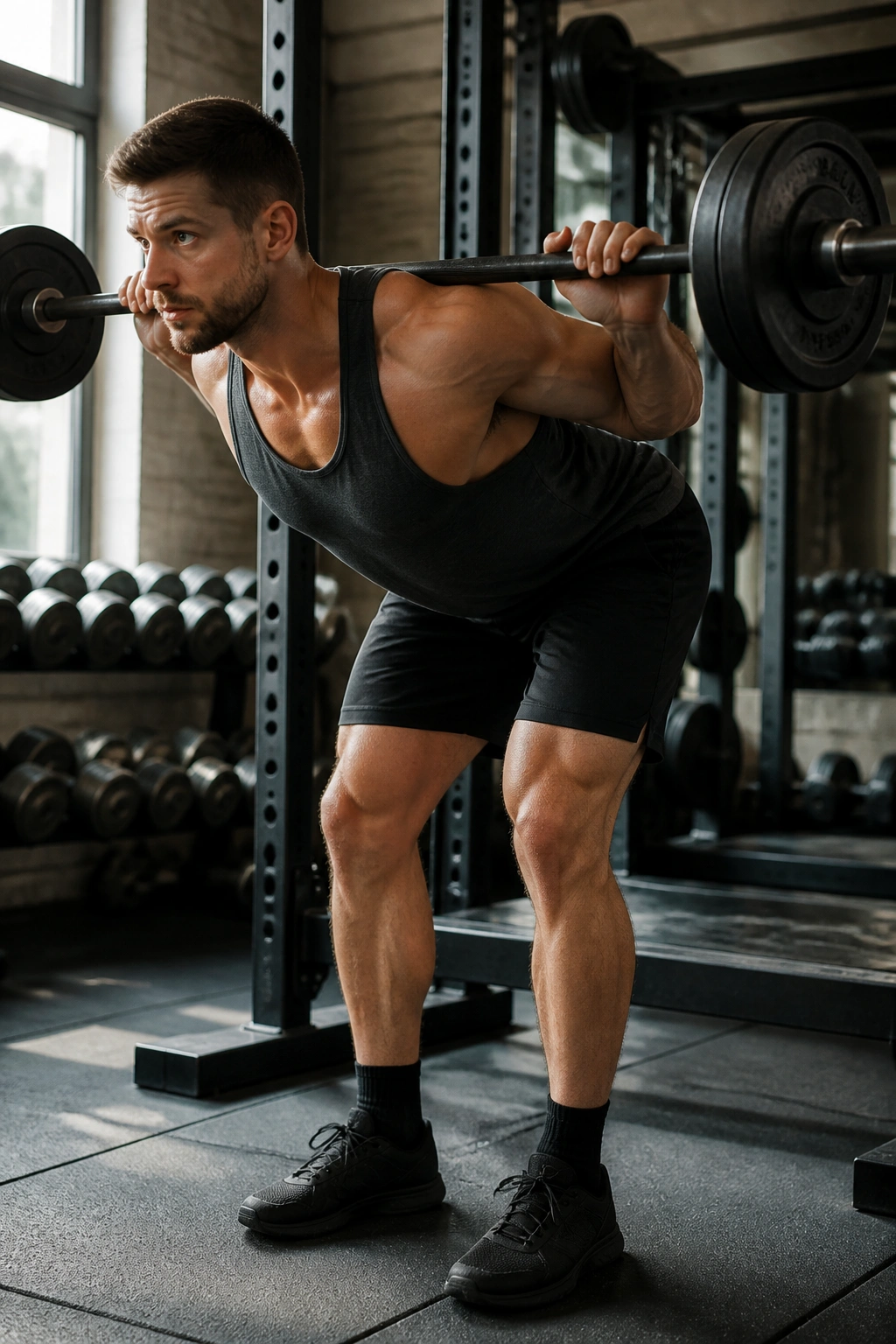 Lifter performing good mornings with barbell on back