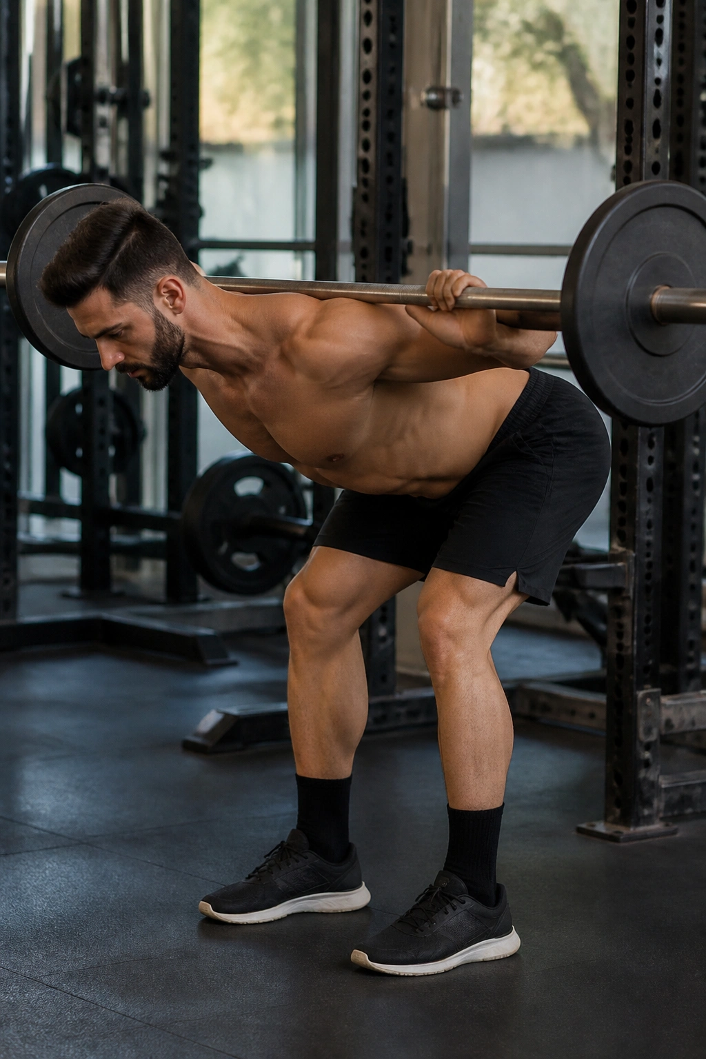 Lifter performing good mornings showing hip hinge and hamstring stretch